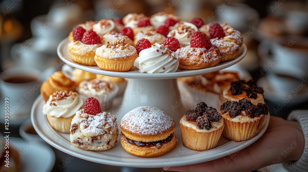 Delicious assortment of mini cakes, pastries, and cupcakes on a tiered serving platter. Delicious assortment of mini cakes, pastries, and cupcakes on a tiered serving platter.