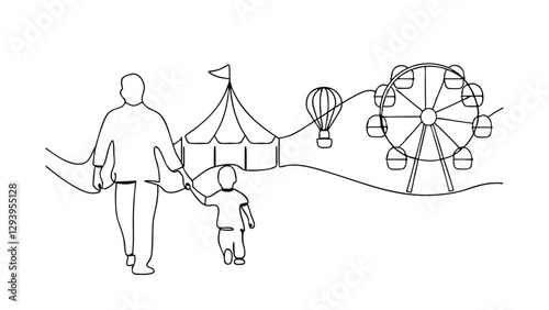 Father and Son Walking to Amusement Park Fun Fair