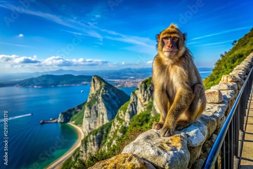Gibraltar Panoramic: Playful Monkey on a Fence, Mediterranean View