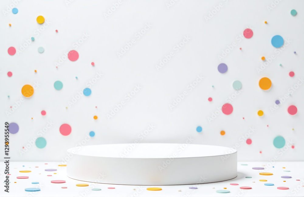 Simple Podium With Gentle Pastel Carnival Dots, White Background Cluttered Elements, Realism Simple Podium With Gentle Pastel Carnival Dots, White Background Cluttered Elements, Realism
