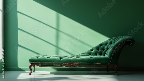 modern luxury design for comfortable  chaise  lounge in green  color made of velvet clothin awooden brown base     isolated on matte green wall  at day time with sun rays  photo