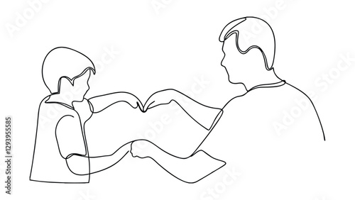 A singleline drawing depicts a father and son playfully interacting, hands clasped together. It represents affection, connection, and a shared moment of joy. The simple art style emphasizes their bond
