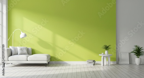 A bright, minimalist living room features a lime green accent wall, white sofa, floor lamp, side table with plants, and books. White wood floors complete the clean design.