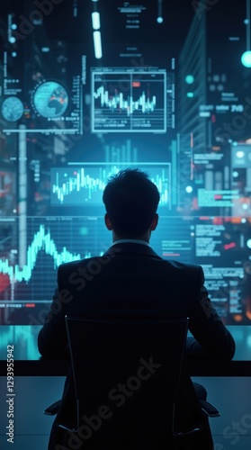A financial analyst in a futuristic digital trading room, surrounded by AI-driven stock market analytics, 3D graphs, predictive financial models