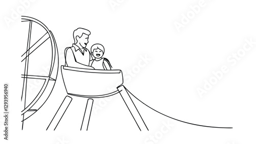 Line drawing of a father and daughter enjoying a Ferris wheel ride. They are seated together, smiling, suggesting a fun and memorable family experience at an amusement park.