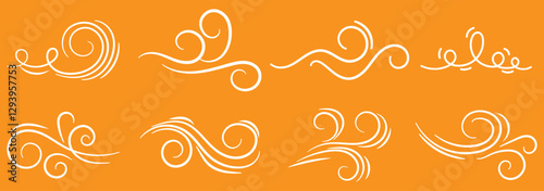 Doodle wind line sketch set. Hand drawn doodle wind motion, air blow, swirl elements. Sketch drawn air blow motion, smoke flow art, abstract line. Isolated vector illustration.