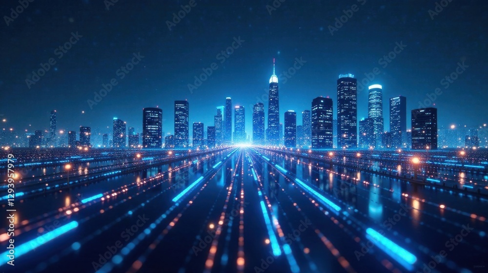 Fototapeta premium Futuristic Cityscape at Night Illuminated Skyline with Glowing Digital Highway Leading to Towers