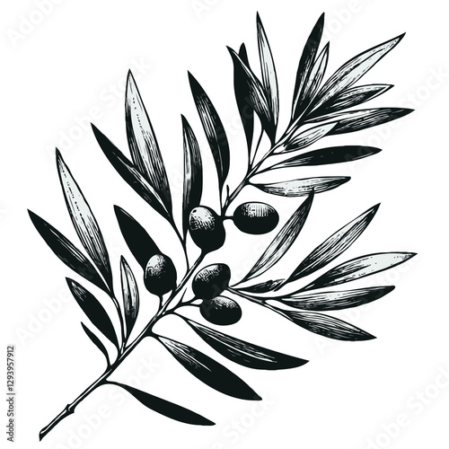 Elegant Floral Branch Illustration. Olive illustration, laurel wreath vector, black olives on a branch. 
Olive branch with leaves and berries. Black and white vector illustration. 