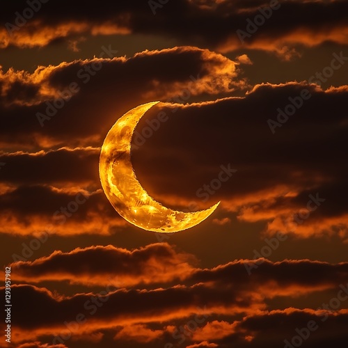 The image depicts a crescent moon set within a cloudy atmosphere photo