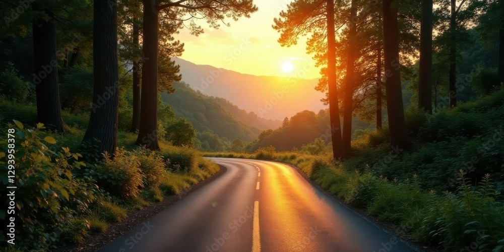 Fototapeta premium Serene Sunset Drive Through Verdant Forest Landscape with Winding Road