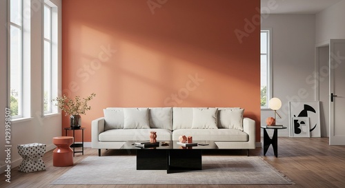 A modern living room features a beige sofa against a burnt orange wall. Stylish decor includes geometric side tables, patterned stools, and abstract art. 