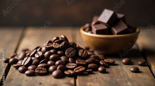 Aromatic Roasted Coffee Beans and Dark Chocolate Cubes on Rustic Wooden Surface