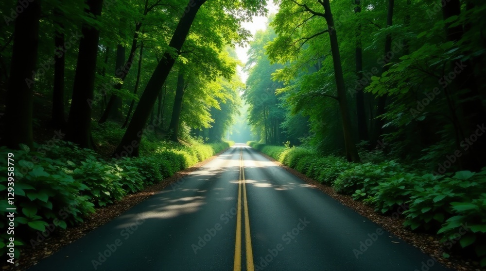 Obraz premium A sunlit road through a verdant forest canopy, flanked by lush green foliage, offering a tranquil and scenic pathway into the heart of nature.