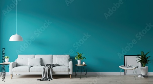 A minimalist living room features a white sofa, teal walls, side tables, plants, and a pendant lamp. A simple, modern aesthetic.