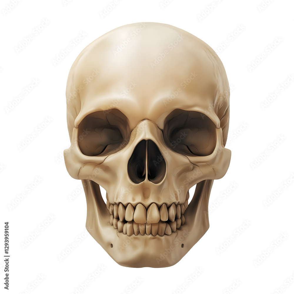 Obraz premium Front view of a detailed human skull with visible features, isolated on transparent background