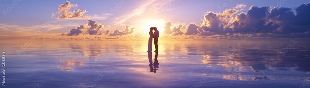 Couple kissing at sunset over calm water, romantic scene Couple kissing at sunset over calm water, romantic scene