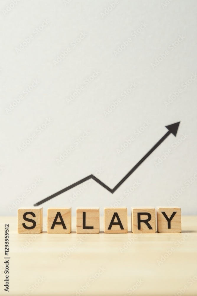 Fototapeta premium Upward Trending Salary Growth Indicated by Wooden Blocks and an Ascending Graph Showing Financial Increase and Positive Employment Outlook