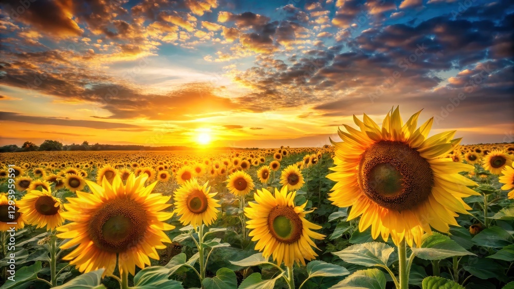 Obraz premium Golden sunflower field at sunset , peaceful scene, landscape, peaceful scene, landscape