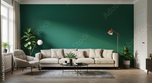 A beige sofa sits against a deep green wall in a stylish living room. The room features herringbone floors, plants, and a modern floor lamp. A coffee table holds books and a vase.