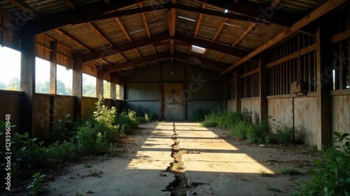 Sunlit Interior of a Derelict Wooden Structure with Weathered Concrete Floor and Overgrown Vegetation