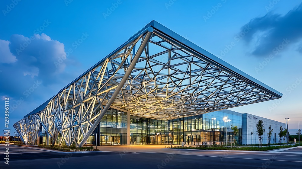 Obraz premium Modern Architectural Building Exterior with Geometric Design at Dusk