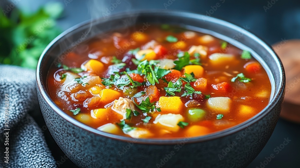 Steaming bowl of hearty vegetable and chicken soup with fresh parsley garnish. Steaming bowl of hearty vegetable and chicken soup with fresh parsley garnish.