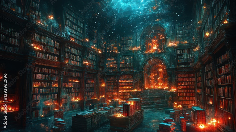Fototapeta premium Enchanting, candlelit library filled with ancient books and mystical ambiance.