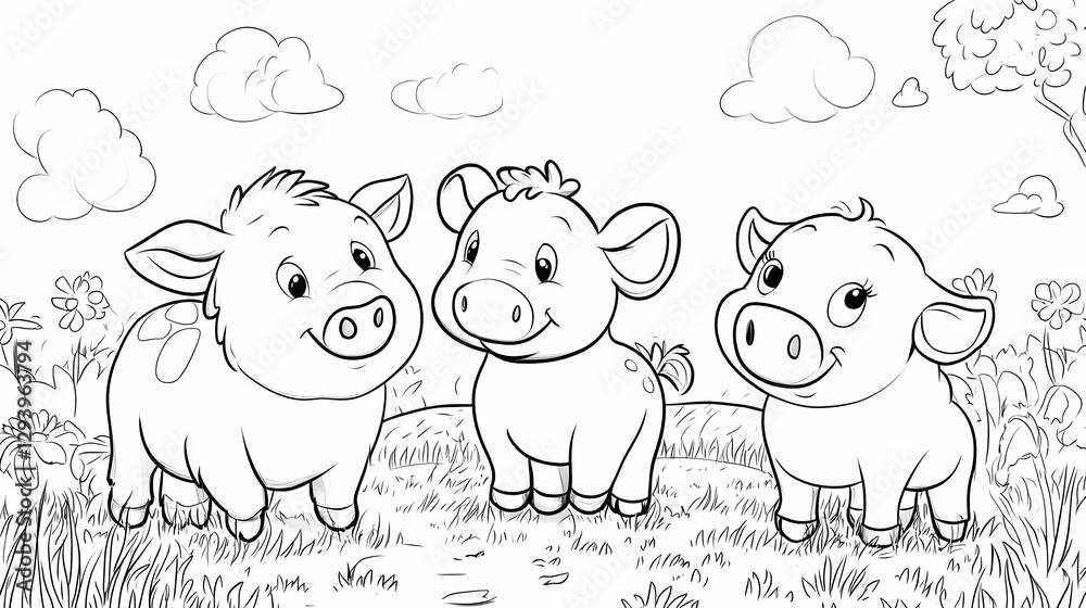 Fototapeta premium Three Cartoon Pigs Standing in a Grassy Field Coloring Page
