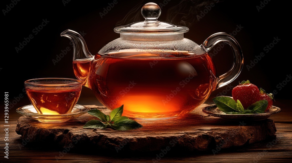 Steaming hot tea in a glass teapot with a cup and fresh strawberries on a wooden board. Steaming hot tea in a glass teapot with a cup and fresh strawberries on a wooden board.