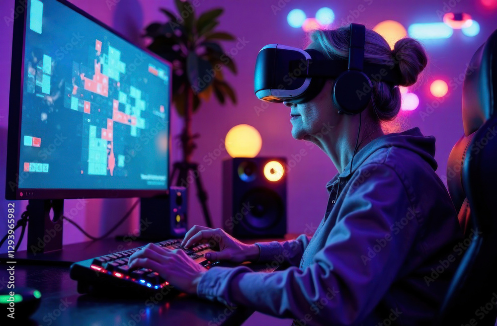 A person enjoying an immersive virtual reality game while surrounded by colorful lights and modern gadgets A person enjoying an immersive virtual reality game while surrounded by colorful lights and modern gadgets