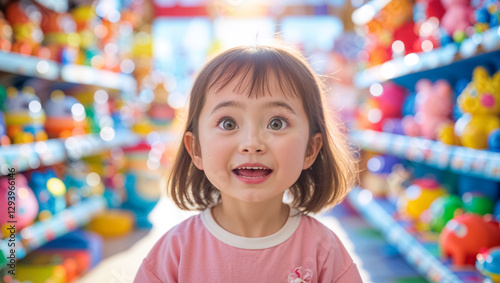 portrait little happy asian girl in toy store
