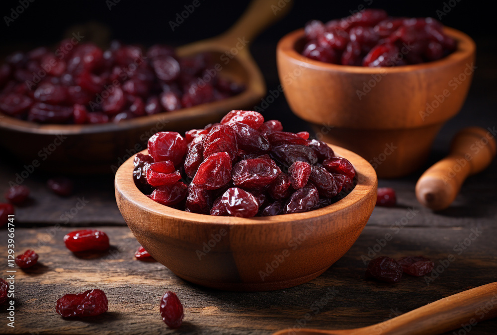 Dried cranberries served in wooden bowls on a textured rustic table with fresh berries Dried cranberries served in wooden bowls on a textured rustic table with fresh berries