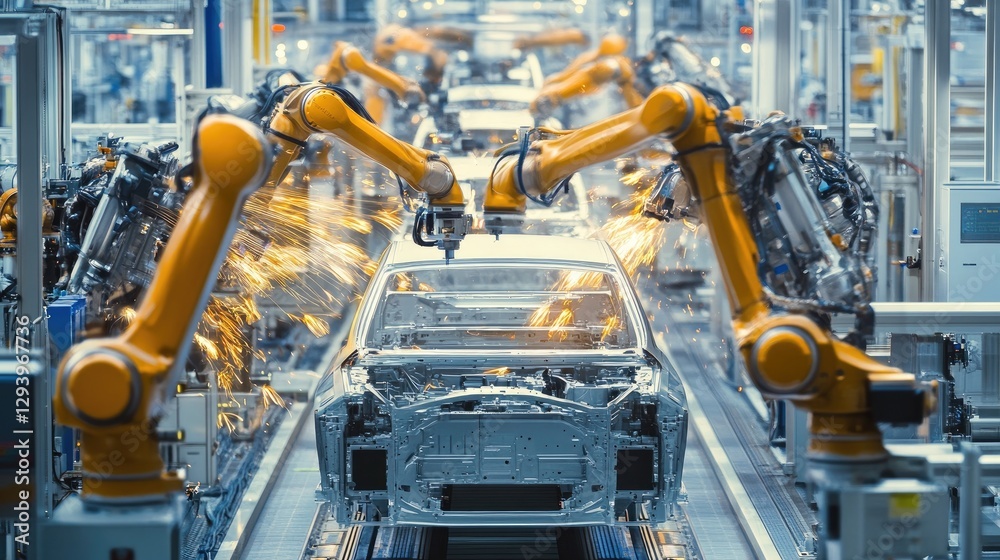 Automobile production line with multiple robotic arms installing components on a car body.