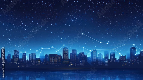 Night city skyline with connecting lines, reflecting in water. Stock photo photo