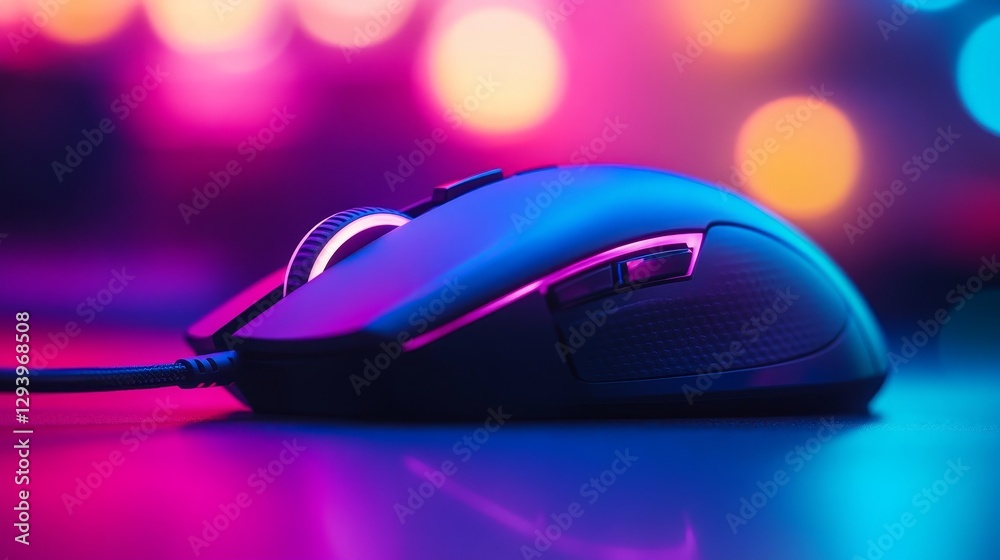 Close-up of a sleek gaming mouse, vibrant neon lights Close-up of a sleek gaming mouse, vibrant neon lights