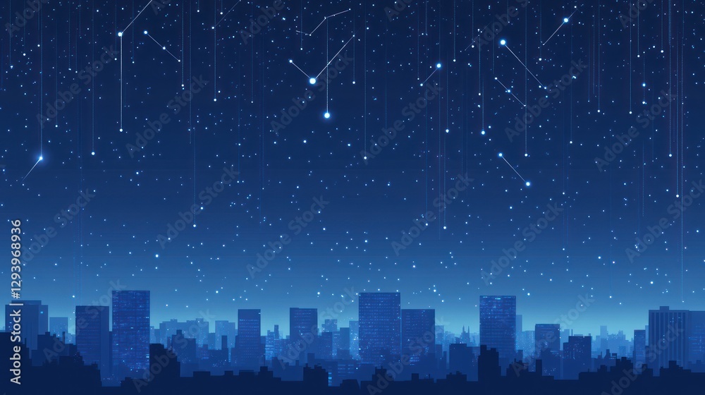 Futuristic city night sky, digital lines, starry night,  background