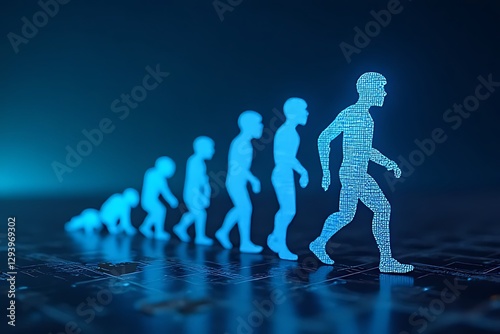 Digital blue figures depict human evolution on a dark technological surface, representing advancement.