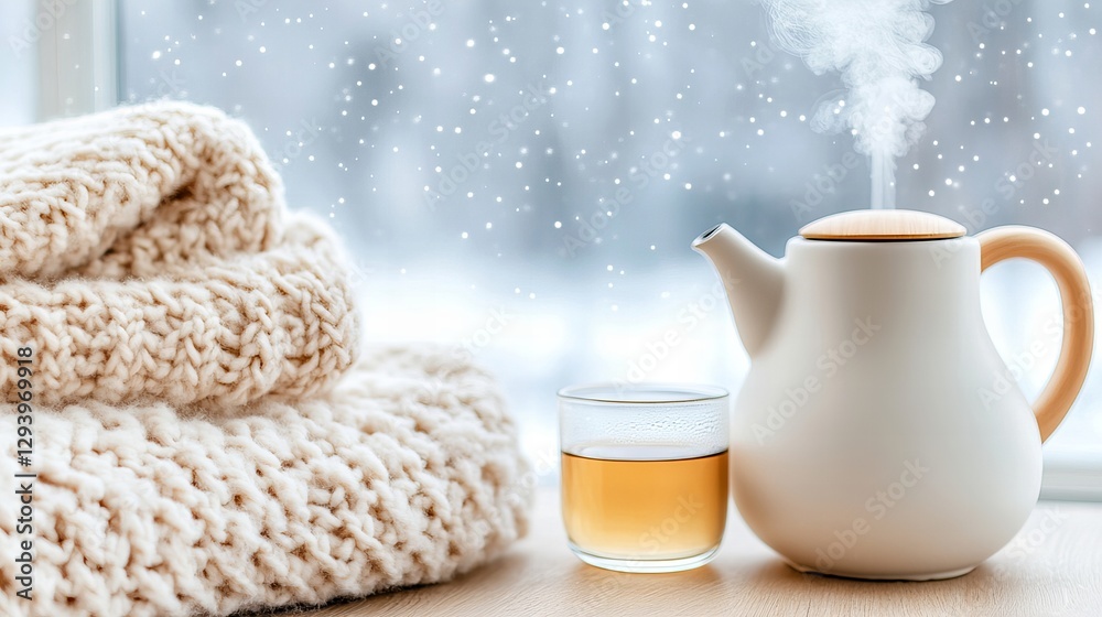 Cozy winter scene with warm tea and knitted blanket by the window Cozy winter scene with warm tea and knitted blanket by the window