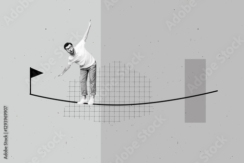 Trend artwork template design collage sketch of job entrepreneur profession employment young guy stand rope balance walk aim target flag photo