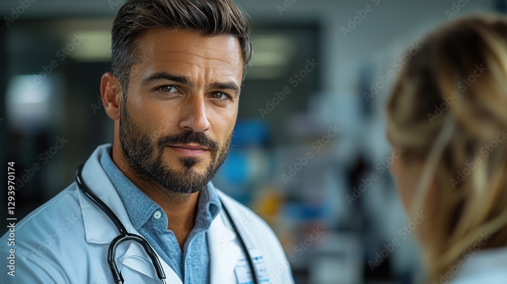 Fototapeta premium Doctor listening intently to patient in hospital hallway