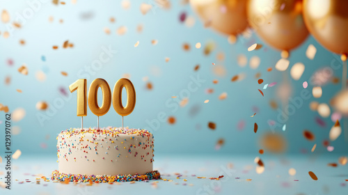 Birthday celebration with a decorated cake, balloons, confetti and number 100 candle. Hundredth anniversary concept