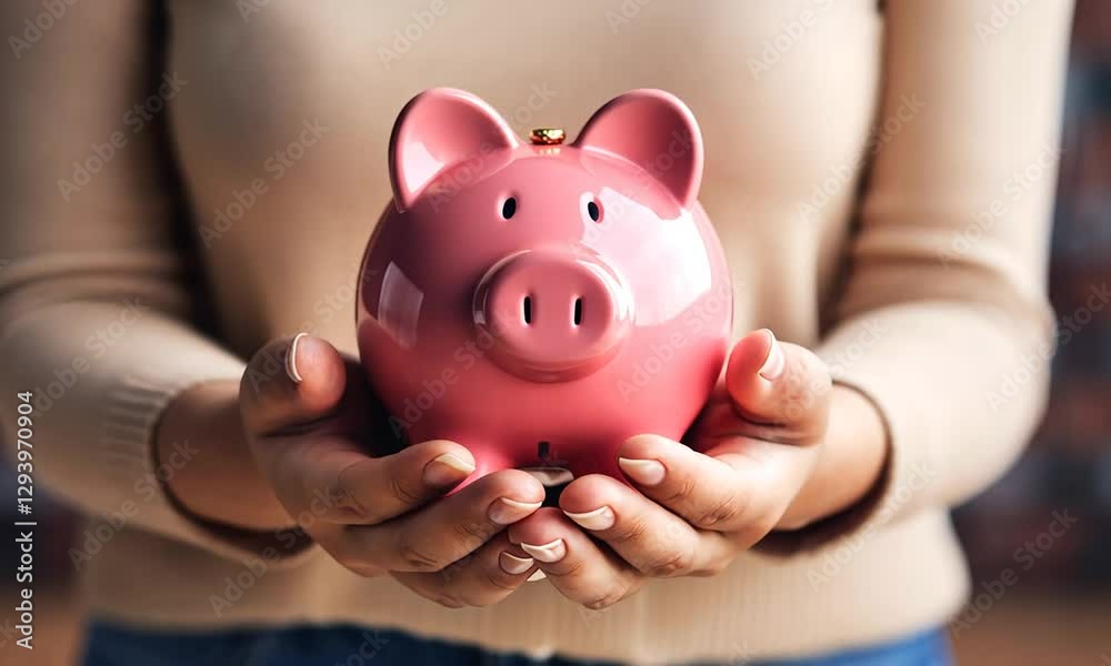 Hands holding a pink piggy bank, symbolizing savings and financial security Hands holding a pink piggy bank, symbolizing savings and financial security