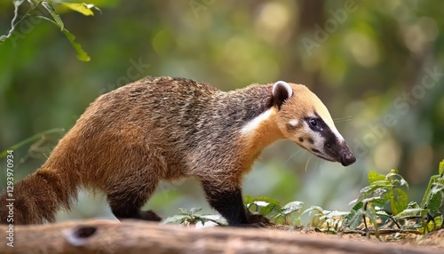 Spotlight on the WhiteNosed Coati Enchanting Mammal Amidst Vibrant Tropical Forests of Mexico, Capturing the Magic of Central American Wildlife. photo