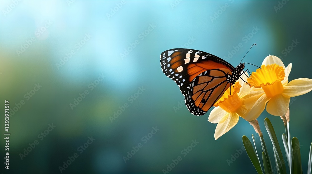 Fototapeta premium Monarch butterfly resting on yellow daffodils in a tranquil garden