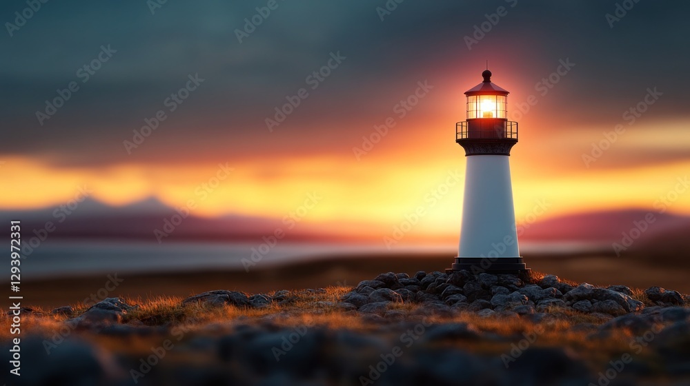 Lighted lighthouse on rocky coast at sunset. (1) Lighted lighthouse on rocky coast at sunset. (1)