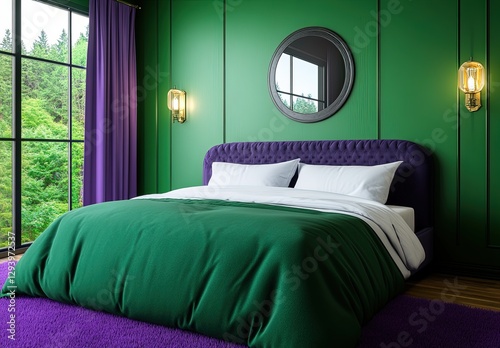 Stylish modern bedroom with green walls and elegant decor accents