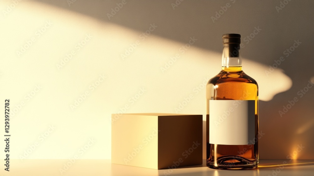 Amber liquid in a glass bottle with blank label on a beige cube against a sunlit wall. Amber liquid in a glass bottle with blank label on a beige cube against a sunlit wall.