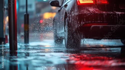 A glistening car sits center stage on a wet street, surrounded by cascading water droplets that dance with every splash. Deep reflections shimmer across its sleek surface photo