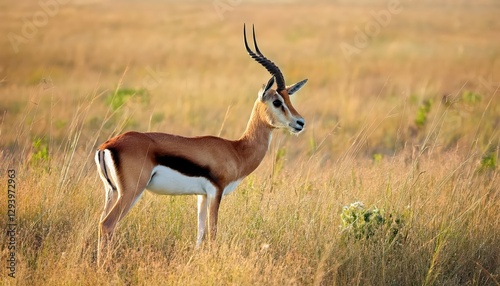 Profile of a Thomsons Gazelle in the Serengeti Savannah A Graceful Wildlife Portrait against an African Sunset, Capturing the Spirit and Beauty of Tanzania