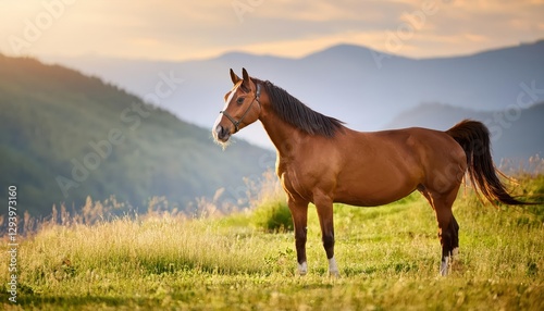 Elegant Thoroughbred Mare Grazing in Vibrant Pasture, Early Morning Light Dappling Across the Lush Grass, Serene Scene Emanating Peace and Tranquility at Sunrise.
